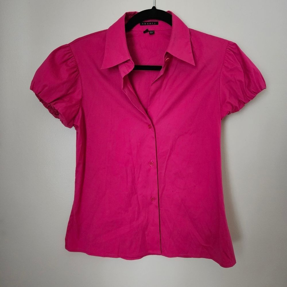 Theory Blouse Top Short Sleeve Pink Button Down Collar Business Casual Solid